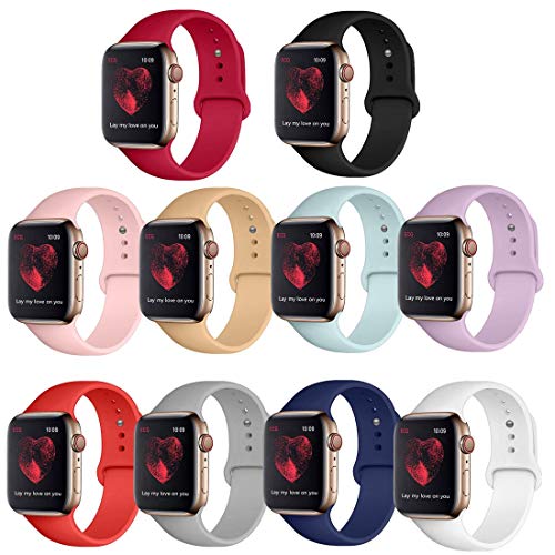 Book Cover PROSRAT 10PCS Bands Compatible with Apple Watch Band 38mm 42mm 40mm 44mm,Soft Sport Bands Replacement for iWatch Series 5/4/3/2/1 Women Men (Set of 10, 38mm/40mm Small)