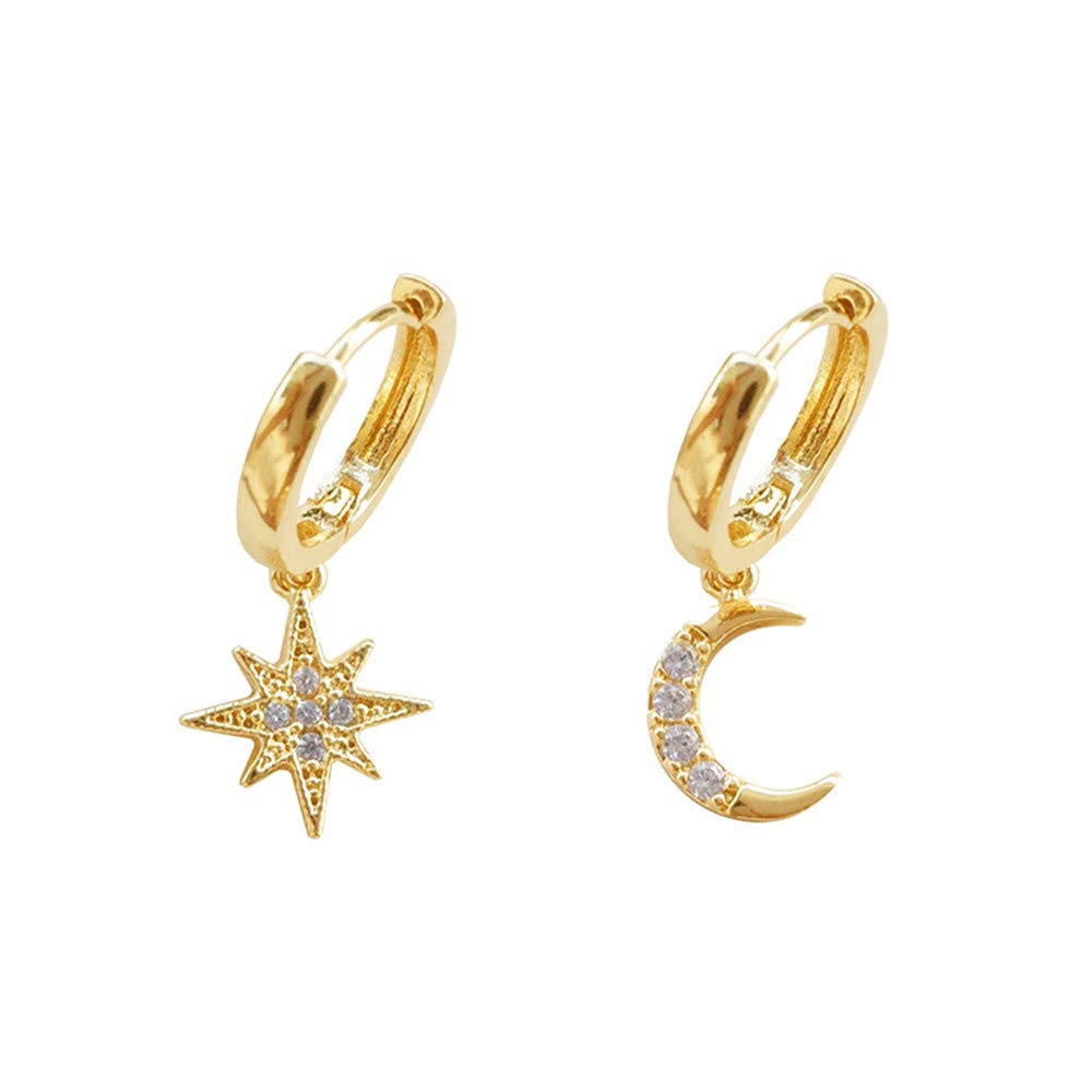 Crystal Moon Star Dangle Hoop Earrings for Women Teen Girls S925 Sterling Silver with Charms Asymmetrical CZ Diamond Drop Cartilage Cute Jewelry Delicate Fashion Birthday Gift Best Friend Gold Plated