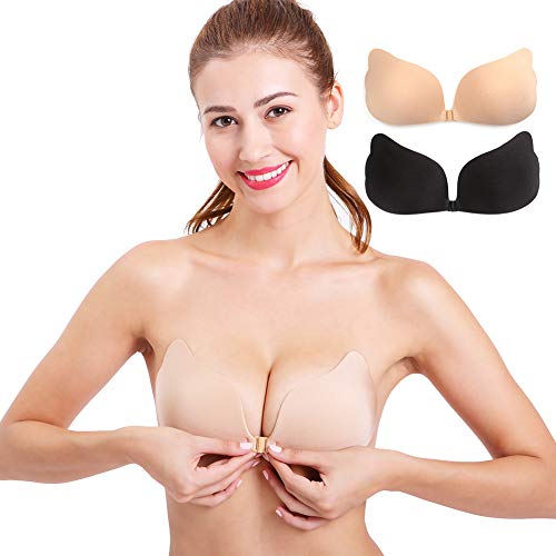 Aedo Strapless Bra for Women, Self Adhesive Invisible Pasties Sticky Push Up Backless Cleavage Cover 2 Pack(Nude+Black, Cup B)