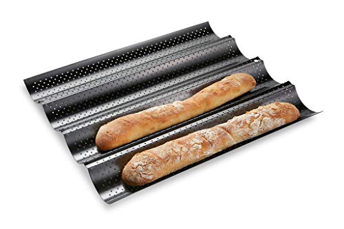 Book Cover French Bread Baking Pan , Premium Metallic Carbon Steel Baguette Nonstick Tray Baker Board, Perforated Italian Sub Long Roll, Baggette Sourdough Loaf Professional Kitchen, Bakers Dough Making Mold