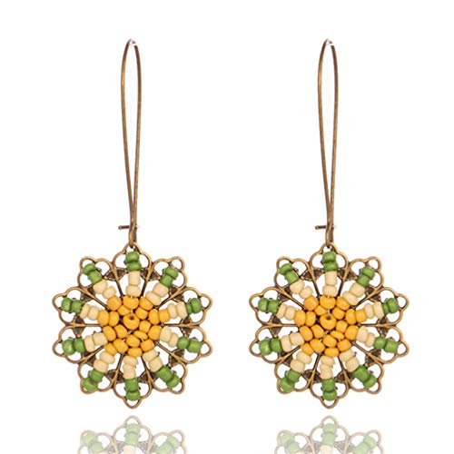 Myhouse Bohemian National Style Sunflower Drop Shaped Alloy Long Earrings for Women, ArmyGreen