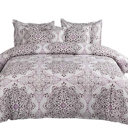 Book Cover MIMONG Duvet Cover Set with Zipper Closure,Purple&Light Grey Damask Pattern Floral Print Design,Soft Microfiber Bedding,Queen/Full Size(90