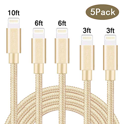 Book Cover iPhone Charger Sharllen Durable Lightning Cable Fast Charging Cable 5 Pack 3FT/6FT/10FT Nylon Braided USB Cord Long iPhone Cable Compatible iPhone XS/Max/XR/X/8/8P/7P/6S/iPad/iPod/IOS (Golden)