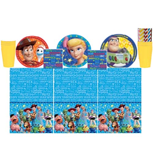 Book Cover Toy Story 4 Party Kit for 16 Guests: Plates, Cups, Napkins, Tablecloth and ElevenPlus2 Straws