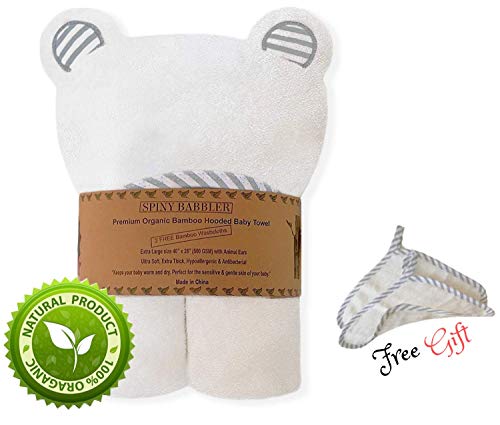 Organic Bamboo Hooded Baby Bath Towel (40"x28") With 2 Washcloths for Newborn Infants & Toddlers (Boys & Girls), Ultra Soft & Extra Thick (Grey)