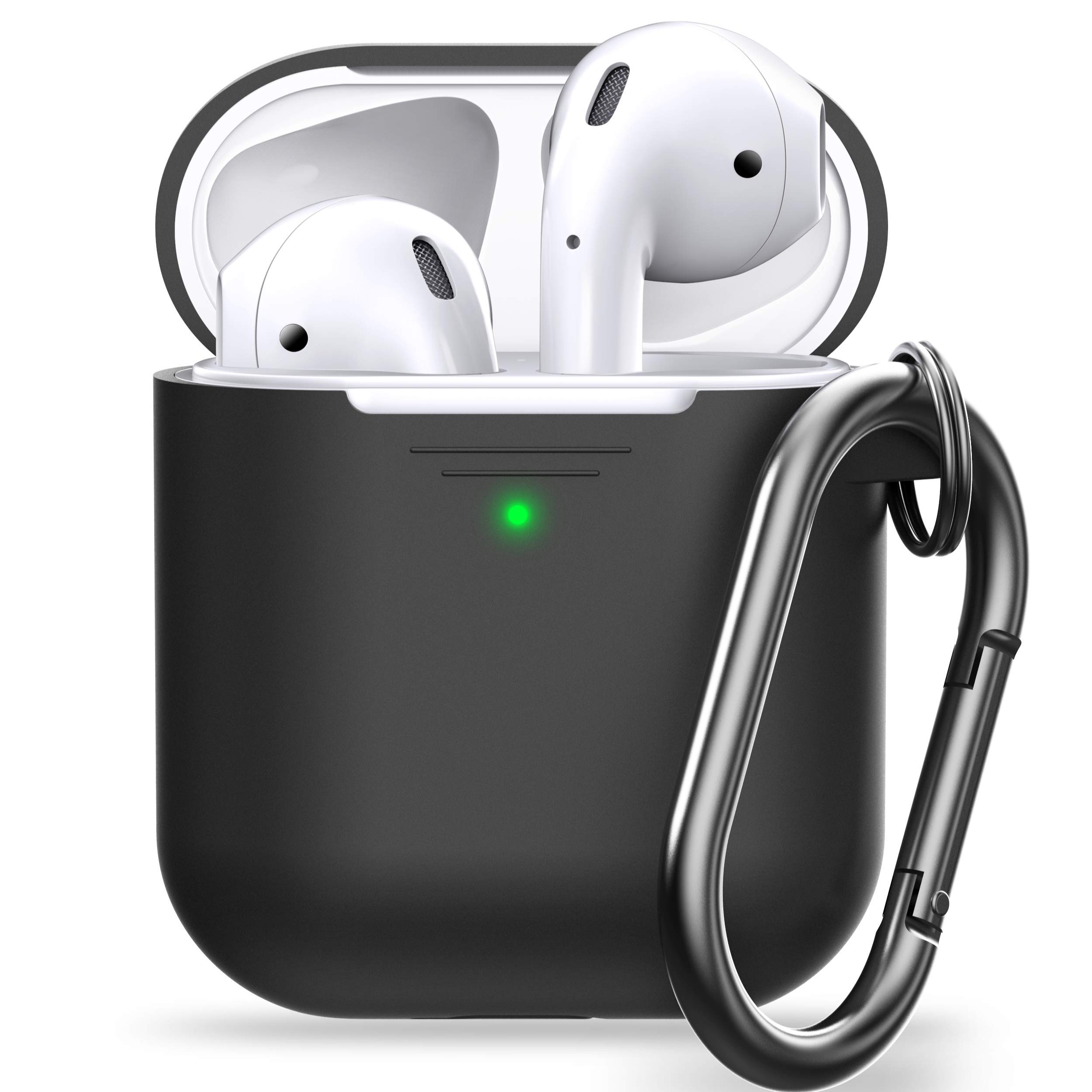 PodSkinz AirPod Case with Keychain Protective Silicone Cover Compatible with AirPods Case 1 & 2 (with Carabiner, Black)