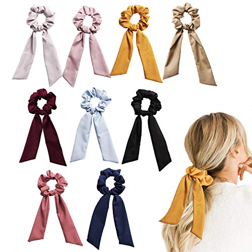 CODOHI 9 Packs Solid Hair Scrunchies Bowknot Ties Ponytail Bow Accessories Assorted Colors Ponytail Holder for Women Girls
