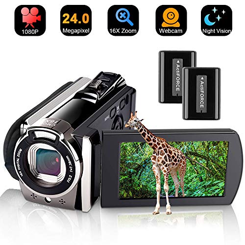 Video Camera Camcorder Full HD 1080P 24MP Digital Vlogging Camera Recorder for YouTube 3.0inch 270 Degree Rotation LCD 16X Digital Zoom Camcorder Pause Function with 2 Batteries