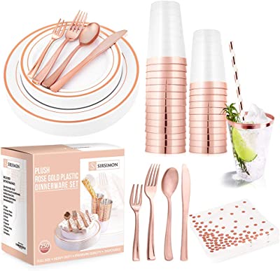 SIRSIMON 250 Piece Disposable Rose Gold Plastic Tableware Set - 50 Rose Gold Plastic Plates - 25 Rose Gold Plastic Silverware - 25 Rose Gold Cups and Straws - 50 Fancy Napkins, Wedding or Party of 25