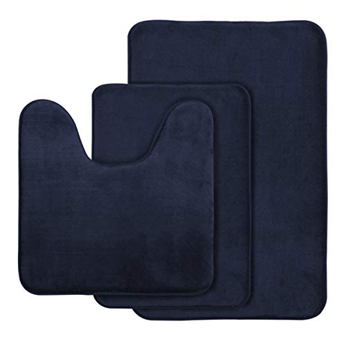 AOACreations Memory Foam Bath Rug, Bathroom Mat Set of 3, Soft, Plush, Absorbent, Low Pile, Includes 1 Large 20" x 32", 1 Contour 20" x 20", 1 Small 16" x 24" (Navy Blue)