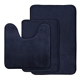 AOACreations Memory Foam Bath Rug, Bathroom Mat Set of 3, Soft, Plush, Absorbent, Low Pile, Includes 1 Large 20" x 32", 1 Contour 20" x 20", 1 Small 16" x 24" (Navy Blue)