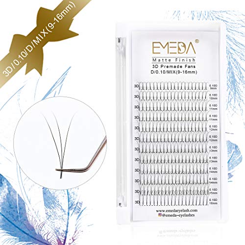 Premade Fans Volume Lash Extensions C Curl D Curl 0.10 Mix Tray 9mm 10mm 11mm 12mm 13mm 14mm 15mm 16mm Mixed Trays .10 3D Fanned Russian Cluster Eyelashes by EMEDA （.10 D-9-16mm Mix）