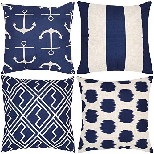 Munzong Decorative Navy Blue Nautical Anchors Beige Background Throw Pillow Covers 18 x 18 Inch Set of 4, Geometric Stripe Dots Shakes Cotton Linen Outdoor Cushion Cover Square Pillowcase Home Decor