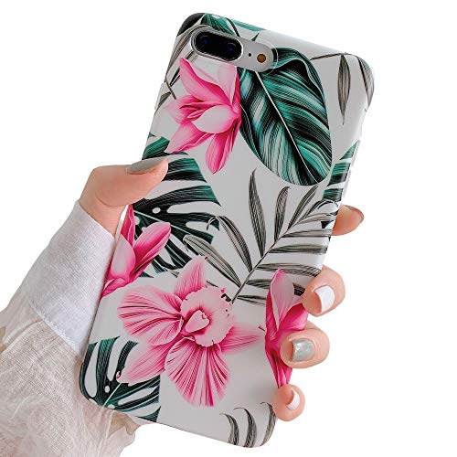 iPhone 8 Plus / 7 Plus Case for Girls, YeLoveHaw Flexible Soft Slim Fit Full Protective Cute Shell Phone Case with Pink Floral and Green Leaves Pattern for iPhone 7Plus / 8Plus 5.5 Inch (Red Flowers)