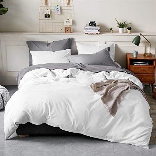 Bedsure 100% Washed Cotton Duvet Covers Queen Size - White Comforter Cover Set 3 Pieces (1 Duvet Cover + 2 Pillow Shams)