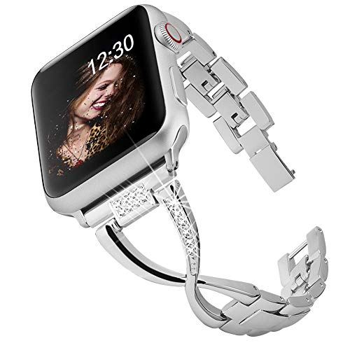 Book Cover BAITEYOU Band Compatible For Apple Watch Bands 38mm 40mm iwatch Series 5 4 3 2 1 Bands 42mm 44mm For Women Jewelry Metal Wristband Strap,Bracelet Replacement With Bling Diamond X-Link
