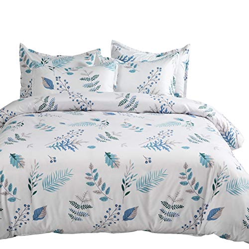 Book Cover MIMONG Botanical Duvet Cover Set, 100% Microfiber Bedding, Gray and Blue Leaves Floral Garden Pattern Printed on White (3pcs, King Size)