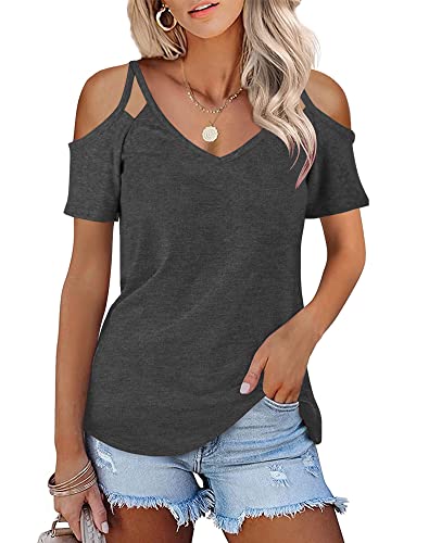 Minclouse Women's Summer Short Sleeves Tops Cold Shoulder V Neck Shirts Casual Strappy Tees