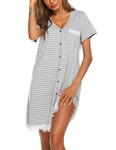 Ekouaer Women's Nightgown Striped Tee Short Sleeve Comfy Sleep Nightshirt Button Down Pajama Dress S-XXXL