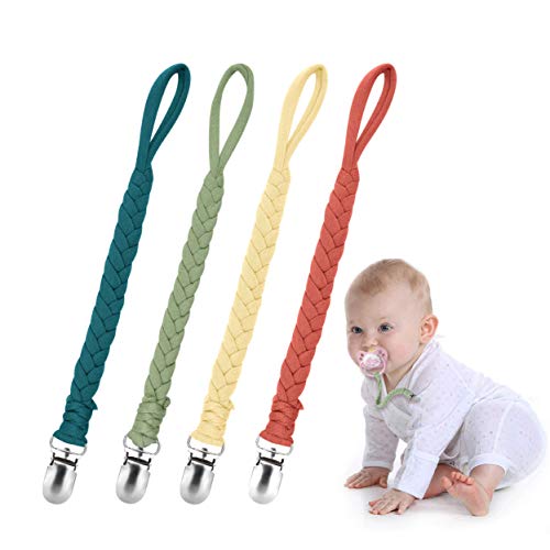 Baby Pacifier Holder for Boy and Girl, Teething Straps Unisex Design, Smoother Clip 100% Handmade Braided, Easy to Use for Teething Toys, (4 pack color varies)
