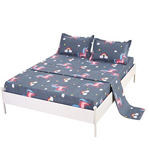 SDIII 4Pcs Gray Unicorn Sheets Queen, Bed in a Bag Queen Size Sheets Set on Amazon, Soft Microfiber, Wrinkle and Fade Resistant, for Girls Boys Kids and Unicorn Lovers, Queen
