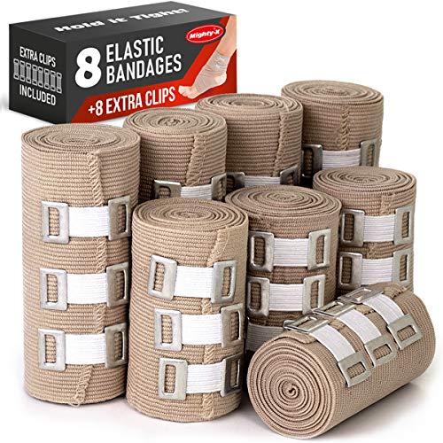 Book Cover Premium Elastic Bandage Wrap - 8 Pack + 8 Extra Clips - Durable Compression Bandage (4X - 3 inch, 4X - 4 inch Rolls) Stretches up to 15ft in Length