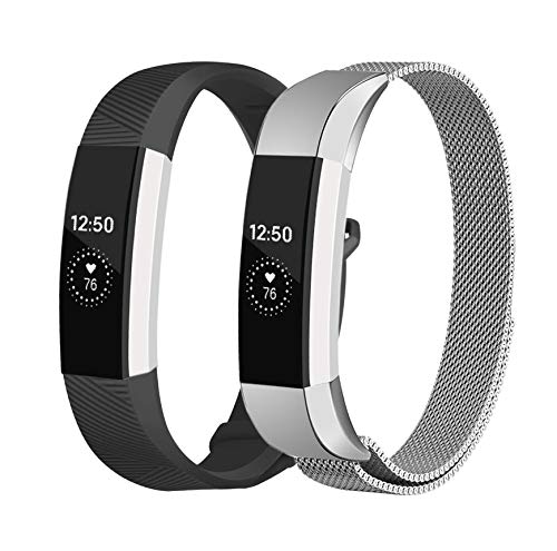 Fundro Replacement Bands Compatible with Fitbit Alta and Alta HR，Stainless Steel Metal Bracelet Strap Replacement Wristband for Alta Women Men (#A Silver+#B Black, Small)