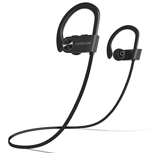 LETSCOM Bluetooth Headphones V5.0 IPX7 Waterproof, Wireless Sport Earphones, HiFi Bass Stereo Sweatproof Earbuds W/Mic, Noise Cancelling Headset for Workout, Running, Gym, 8 Hours Play time