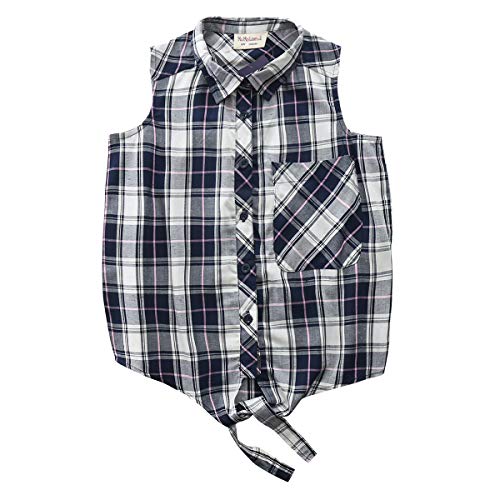 Big Girls Sleeveless Woven Plaid Button Down Shirts with Collar Red Black Navy Color (12 Years, Navy 7314)