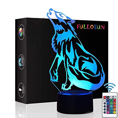 Wolf Gifts, 3D Night Light for Kids Optical Illusion Lamp Co-Sleeping ,Remote Controller with 16 Color Changing Ideal Birthday Gifts & for Kids, Boys & Men