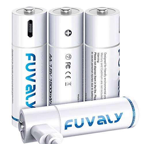 FUVALY USB Rechargeable AA Batteries 1500mAh High Capacity 1.5V Fast Charging Lithium Rechargeable Batteries with 4 in 1 USB Charging Cable can be Charged Either by 5V Charger or USB (4 Pack)