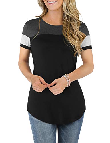 DJT Women's Round Neck Color Block Blouse Short Sleeve Casual Tee Shirts Tunic Tops