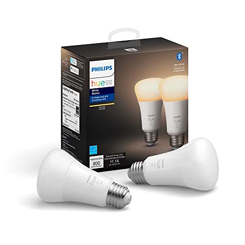 Book Cover Philips Hue White 2-Pack A19 LED Smart Bulb, Bluetooth & Zigbee compatible (Hue Hub Optional), Works with Alexa & Google Assistant â€“ A Certified for Humans Device