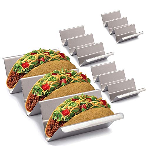 Stylish Stainless Steel Taco Holder Stand, Taco Truck Tray Style, Rack Holds Up to 3 Tacos Each, Oven Safe for Baking, Dishwasher and Grill Safe, 8.46" x 3.93"