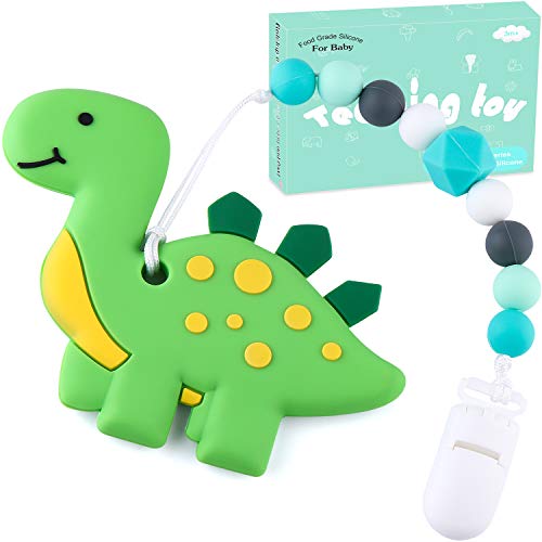 Teething Toys BPA Free Silicone - Tinabless Dinosaur Teething Pain Relief Toy with Pacifier Clip Holder Set for Infants and Toddlers, Teethers Toy for Freezer