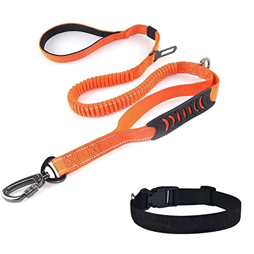Bungee Dog Leash for Walking - Misthis 4-6FT Heavy Duty Dog Leash with Highly Reflective Threads and Buffer for Medium and Large Dogs,Durable Car Seat Belt (Orange)