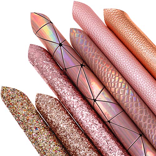 ZAIONE Rose Gold Glitter Faux Leather Sheets 7Pcs/Set 8" x 12" A4 Holographic Sparkle Fine Chunky Leather Bundle Mixed for Bows Earrings Valentine's Day DIY Craft（Rose Gold Series）