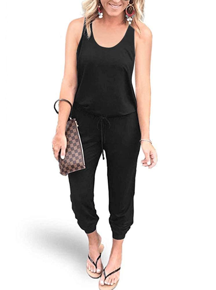 REORIA Women Summer Casual Sleeveless Tank Top Elastic Waist Loose Jumpsuit Rompers with Pockets Small 01-black