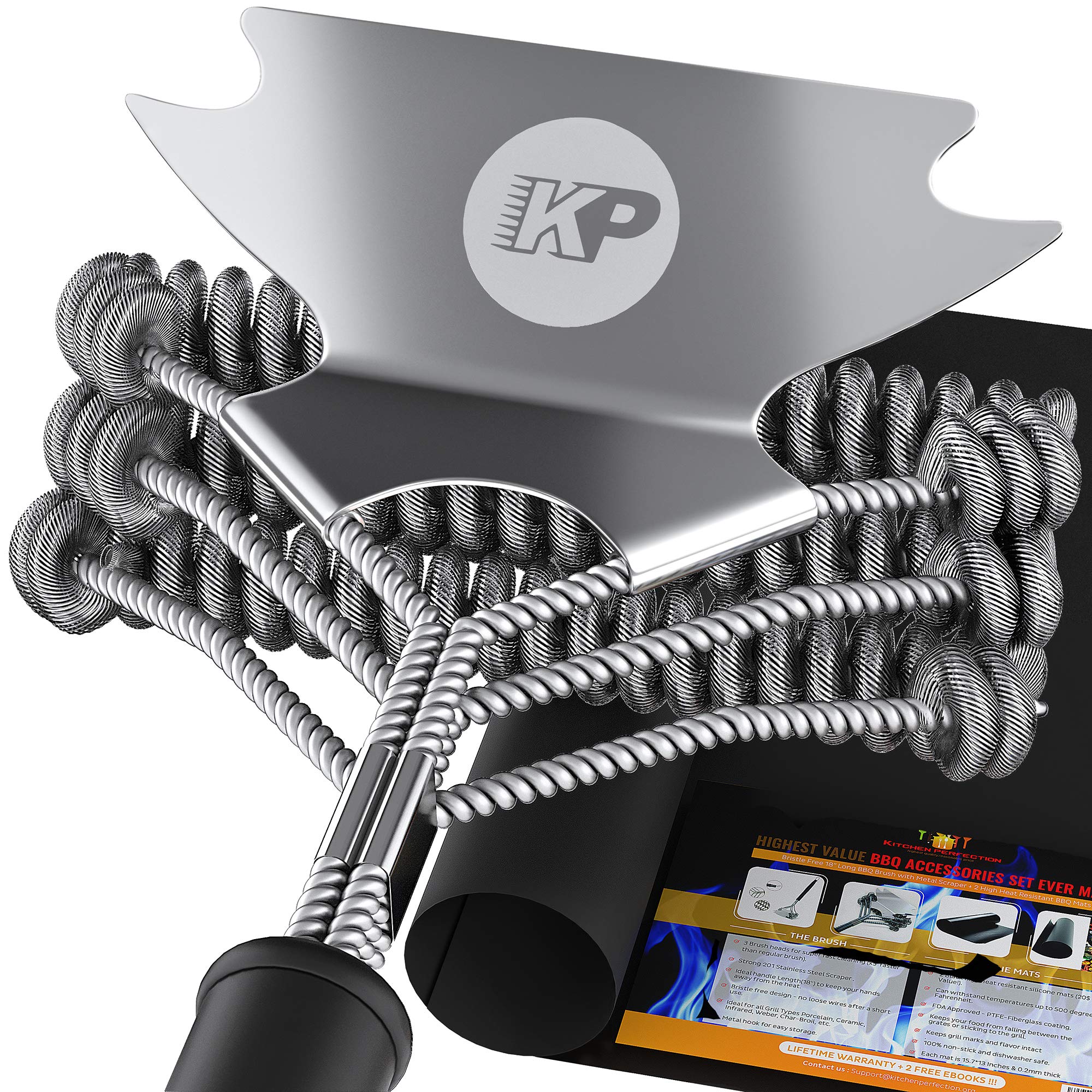 No.1 Bristle Free Safe Grill Brush and Scraper + 2x Heavy Duty BBQ Grill Mats | Stainless Steel Wire 17" BBQ Cleaning Brush for All Grill Grates - Weber Gas, Charcoal Porcelain Ceramic Iron | Superior Value Grilling Accessories Set + 3 Bonuses