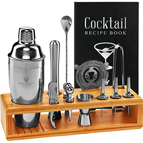Cocktail Mixology Shaker Set - Bartender Set with an Elegant Bamboo Stand - Bar Accessories Kit including a Martini Shaker & Mixer Recipe Book – Unique Cool House Warming Gift for Men Husband Birthday