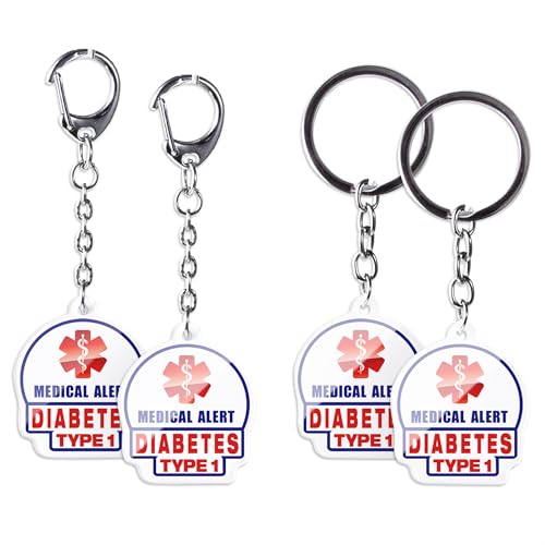Hiverst 4 Pack Type1 Diabetes Keychain - Allergy Medical Alert Symbol Bag Tags Set, Double Side Key Tag for Zipper Pull Charm 1.4Â for Adult and Child