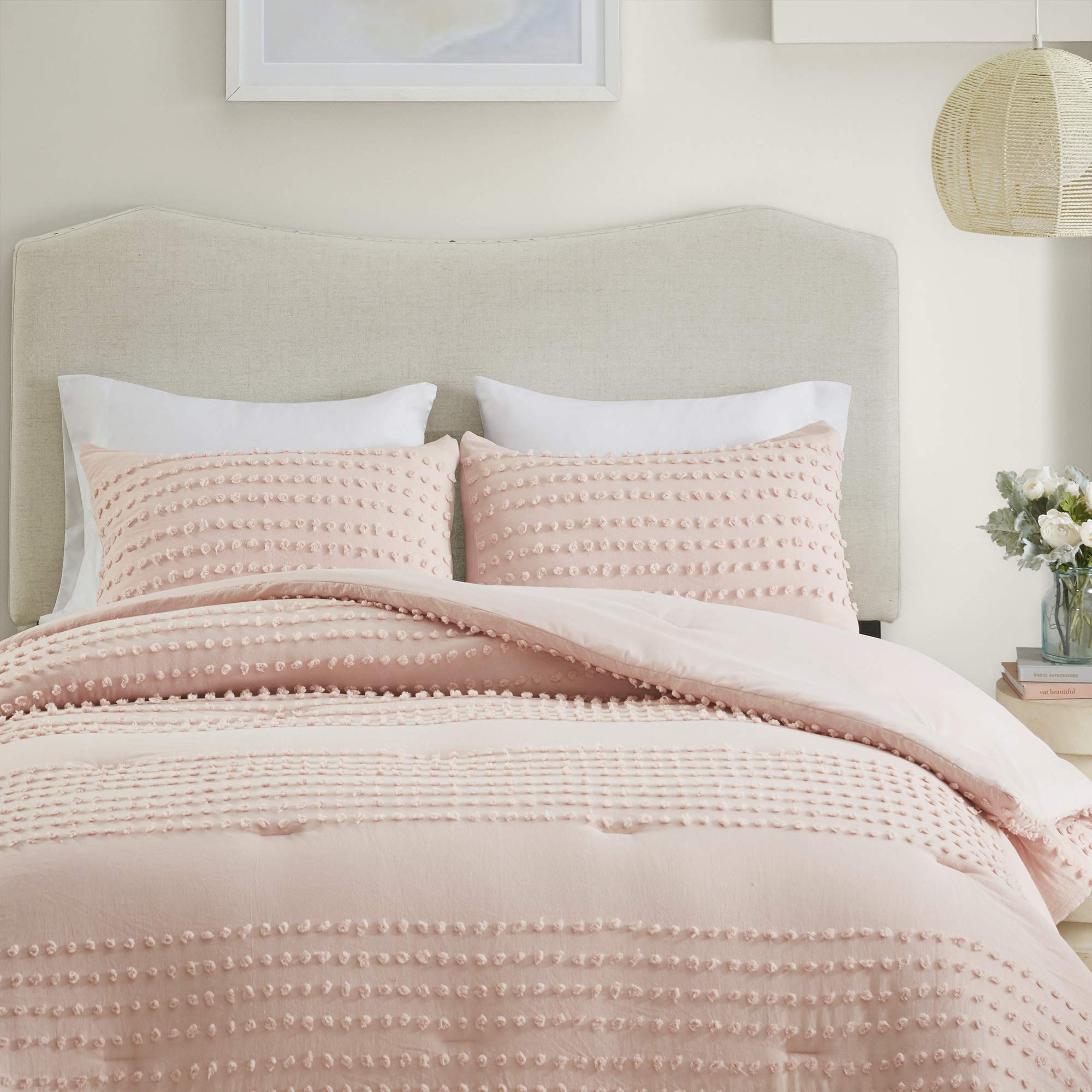 Book Cover Comfort Spaces 100% Comforter Set Cotton Jacquard Pom Tufts Design Hypoallergenic Down Alternative, All Season Modern Bedding, Matching Shams, Twin/Twin XL, Phillips, Blush Twin/Twin XL Phillips, Blush