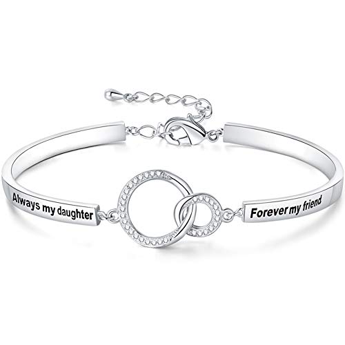 Ado Glo Birthday Gift for Her 'Always My Daughter Forever My Friend' Interlocking Circles Bracelet, White Gold Plated Fashion Jewelry for Women and Girls, Anniversary Present from Father, Mother