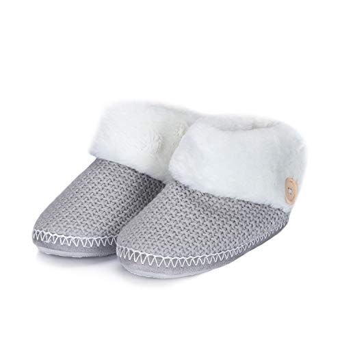 Book Cover WFL Womens Bootie Slippers, Soft Winter Ankle House Shoes, Knitting Upper and Anti-Slip Sole Grey