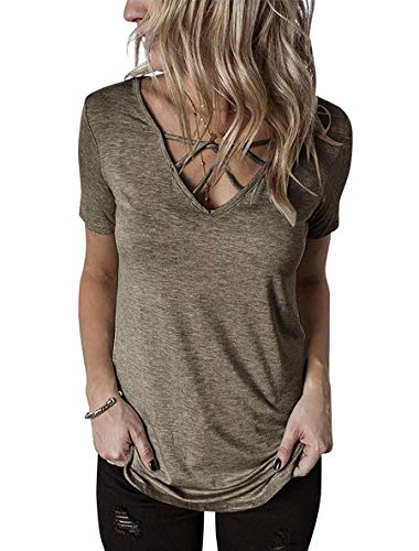 YEXIPO Women's Summer Criss Cross Shirts V Neck Short Sleeve T-Shirt Casual Loose Cute Tees Tops