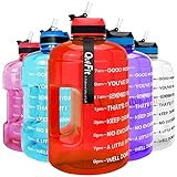 QuiFit Motivational Gallon Water Bottle - with Straw & Time Marker BPA Free Large Reusable Sport Water Jug with Handle for Fitness Outdoor Enthusiasts Leak-Proof (Red,1 gallon)