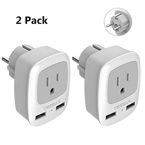 Type E/F Germany European Adapter 2 Pack, TESSAN Schuko France Travel Power Plug 2 USB, Outlet Adaptor for USA to Most of Europe EU Spain Iceland