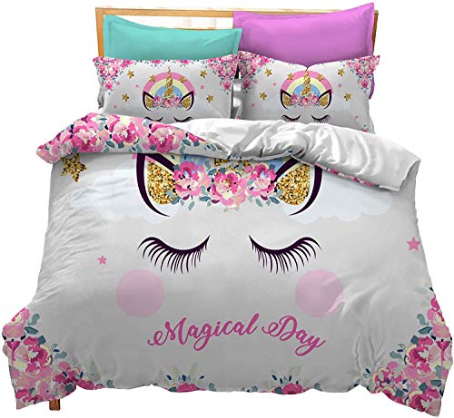 Prula Cooper Girl Unicorn Bedding Set White Pink Golden Ears Unicorn Bedding Duvet Cover Set Full Girls Printed Modern Lightweight Kids Bedding Set for Teens, NO Comforter Included (U08, Full)