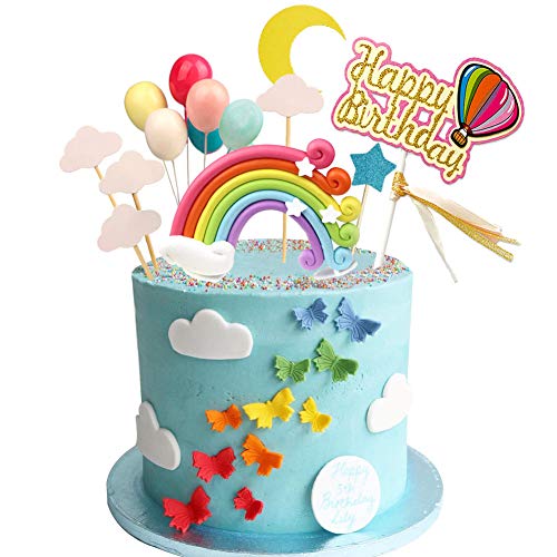 Rainbow Birthday Cake Topper Party Supplies with Rainbow Clouds Balloons Happy Birthday Cake Decorations for Rainbow Theme Party Baby Shower Wedding