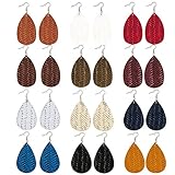 12 Pairs Faux Leather Earrings Imitated Rattan Earrings Teardrop Petal Drop Long Dangle Earrings Lightweight Leaf Handmade Earrings with Clear Silicone Backings for Women Girls Teens (A)